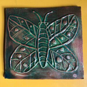 Vintage Hand-cut Ceramic Tile with Butterfly Relief, 6" x 5 3/8"